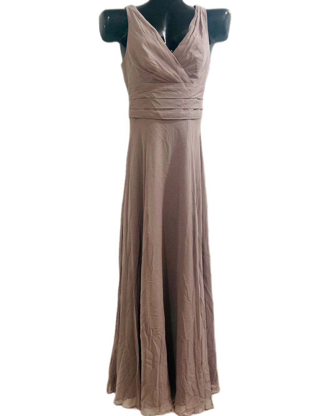 David's Bridal Taupe  V-Neck Chiffon Maxi Gown